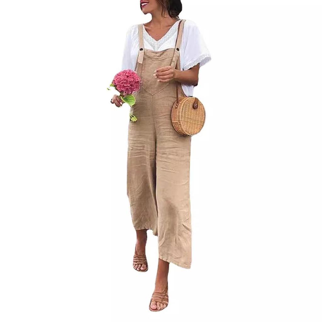Women's Casual Summer Cotton Linen Loose Straight-Leg Overalls In Solid Colors