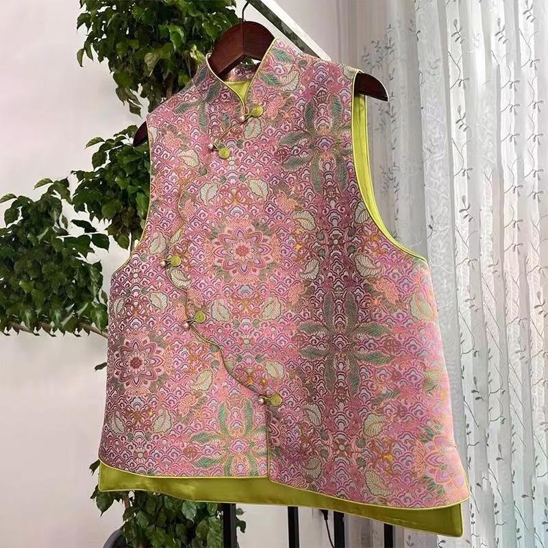 "2024 Pink Printed Asymmetrical Collar Vest Jacket for Women – Chinese Style, Perfect for Spring, Autumn, Winter"