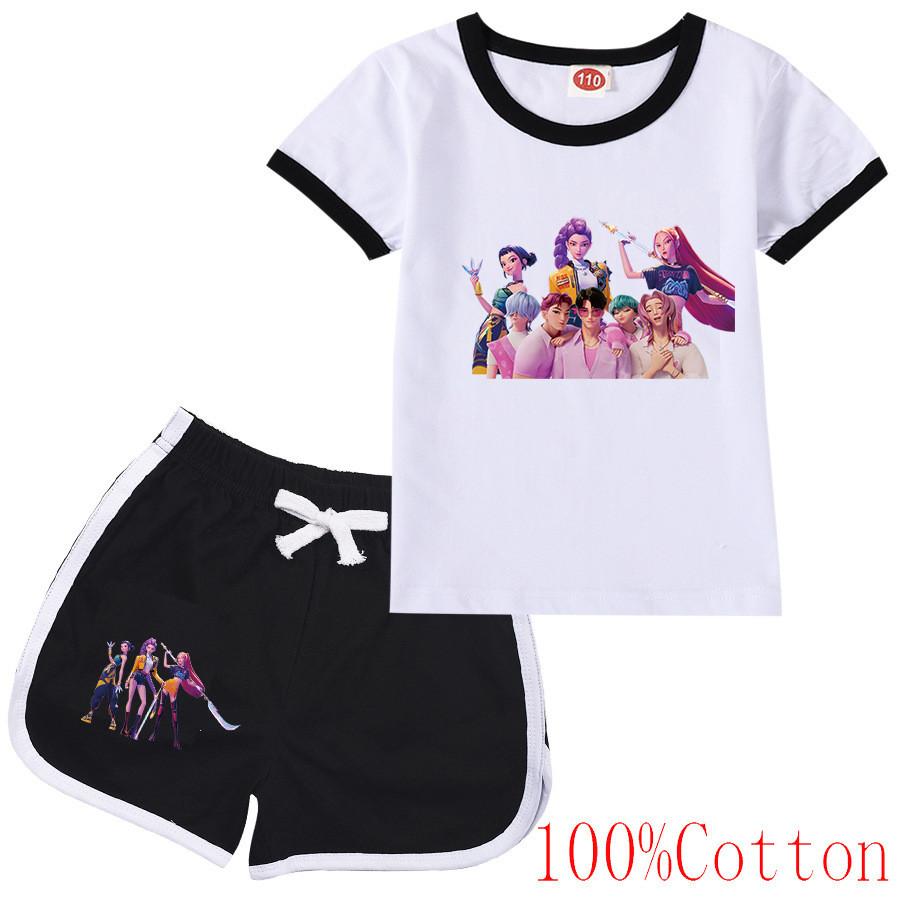 Kinder Mädchen Anime Cartoon K-Pop Rumi Zoey Mira Bedrucktes Lässiges Kurzarm T-Shirt Shorts Kleidung Set