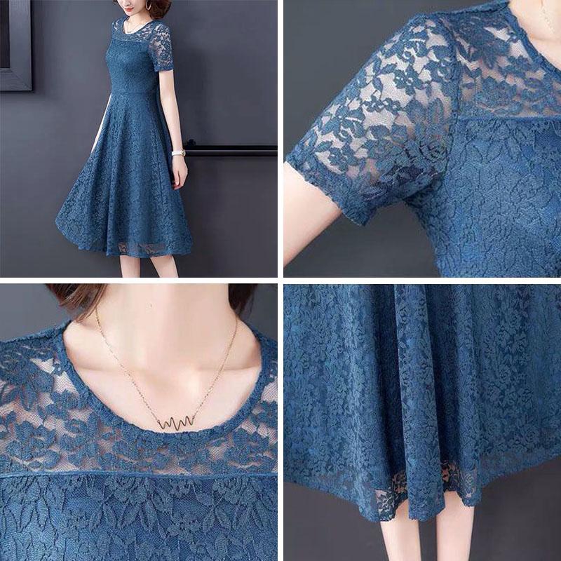Sexy Lace Dress Women's Short Sleeve Summer Mid Length Dress Ladies Style Slim Dress Solid Color Casual Dress