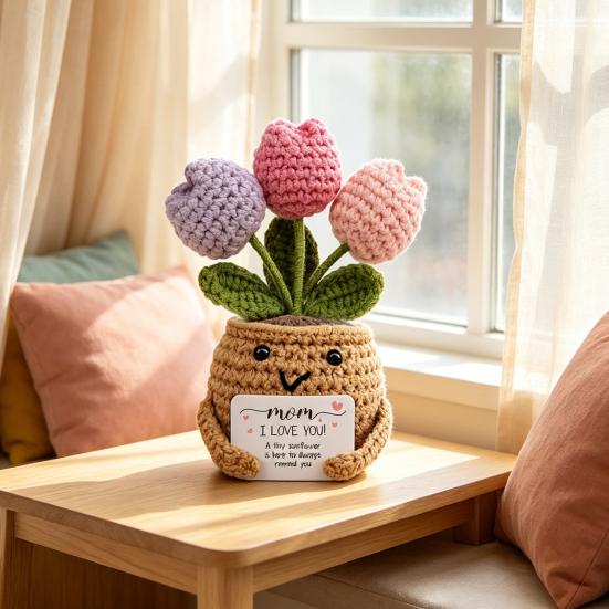Regalos de Agradecimiento Positivos de Ganchillo Tulipán Flor Silvestre para Mujeres Mamá Amigas Muñeca de Flor en Maceta Hecha a Mano con Tarjeta Regalo de Apoyo Emocional para el Día de la Madre