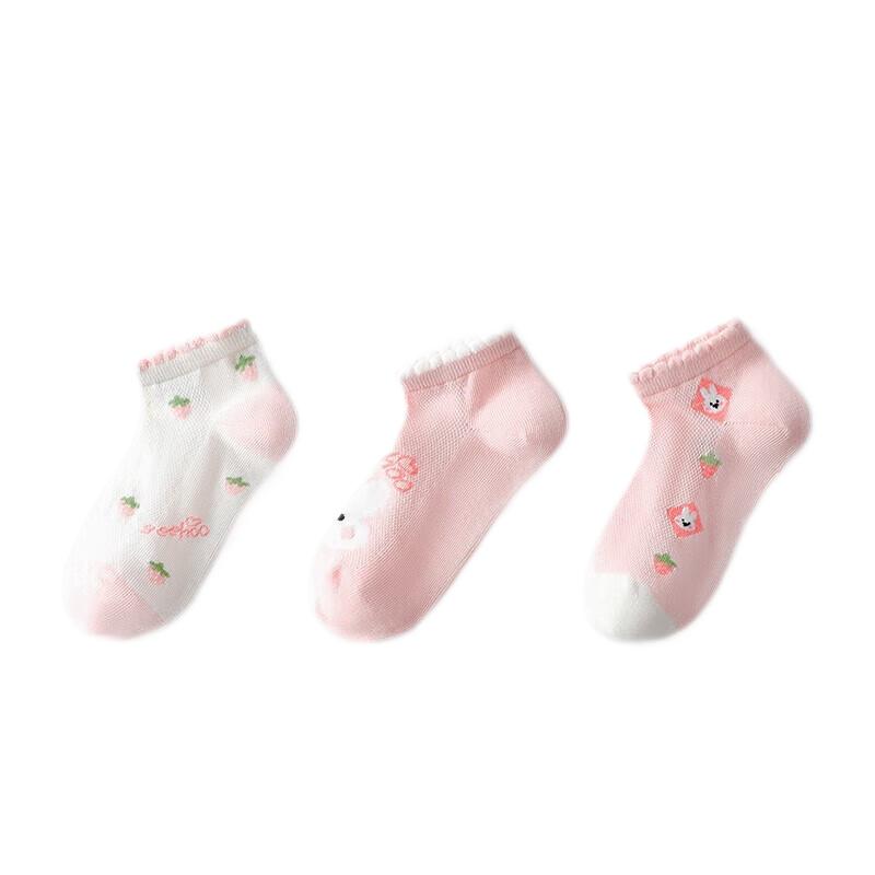 YEEHOO Girls' 3A Antibacterial Mesh Cotton Socks - Strawberry Rabbit