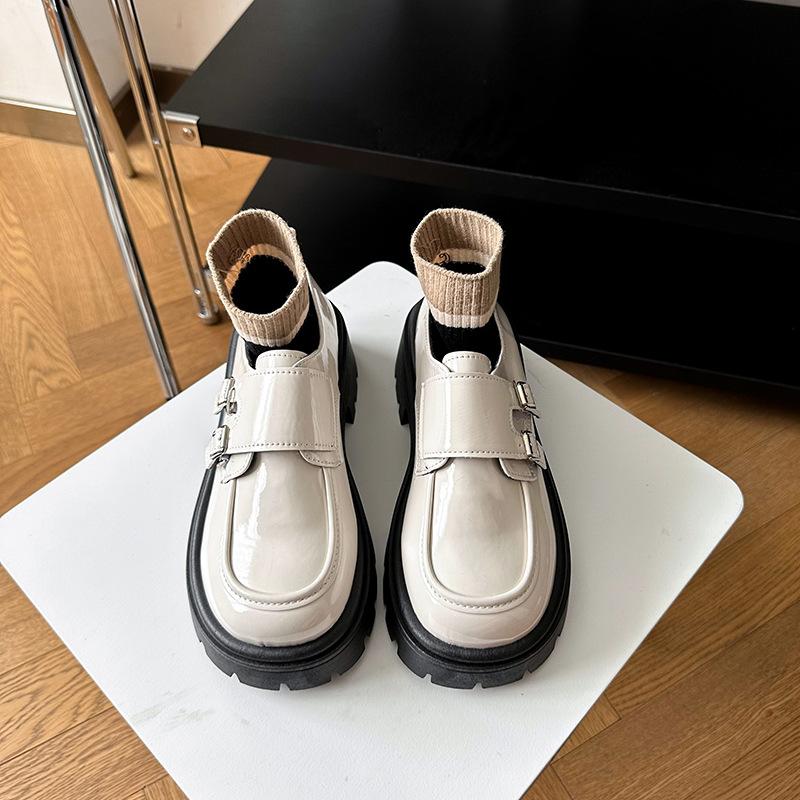 

Женский ремень с двойной пряжкой, новая осенняя коллекция 2025 года, маленькие кожаные туфли на маленькой толстой подошве, увеличивающие рост, универсальные 40 бежевый