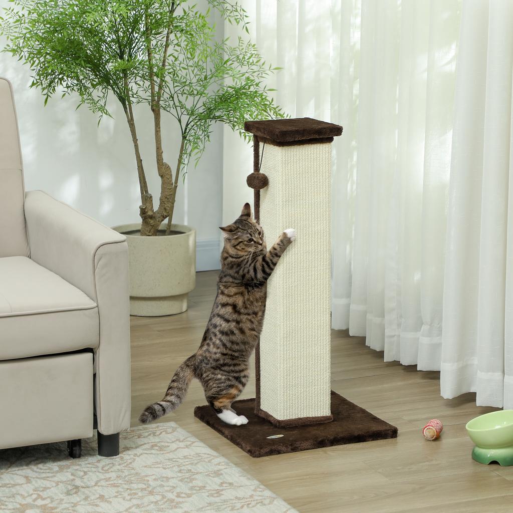 81cm Cat Scratcher, Vertical Full Scratcher w/ Natural Sisal Rope, Hanging Ball, Soft Plush - Brown
