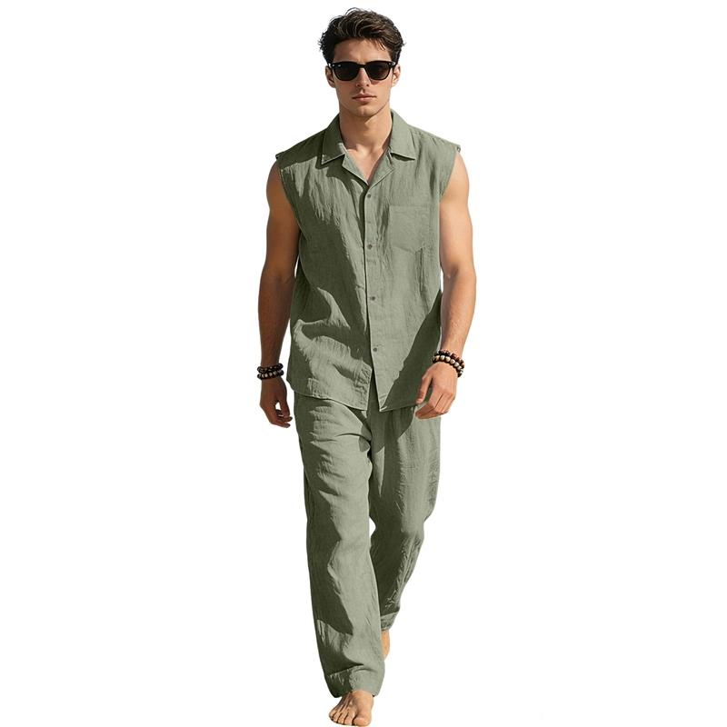 Summer Men Linen Matching Outfit Sleeveless Lapel Button Front Pocket Shirt Elastic Drawstring Straight Leg Trousers Breathable Casual Two Piece Suit