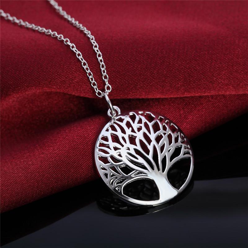 925 Sterling Silver 16inch Chain Tree Round Pendant Necklace For Woman Fashion Wedding Engagement Charm Jewelry