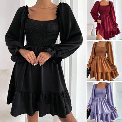 Spring Autumn Women Pleated Wrapped Chest Mini Dress Square Collar Long Sleeve High Waist Ruffle Loose Hem Solid Color A-Line Dress