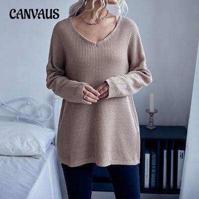 Herbst Damen Pullover Casual Damen Loose Langarm Einfarbig V-Ausschnitt Dicker Nadelpullover