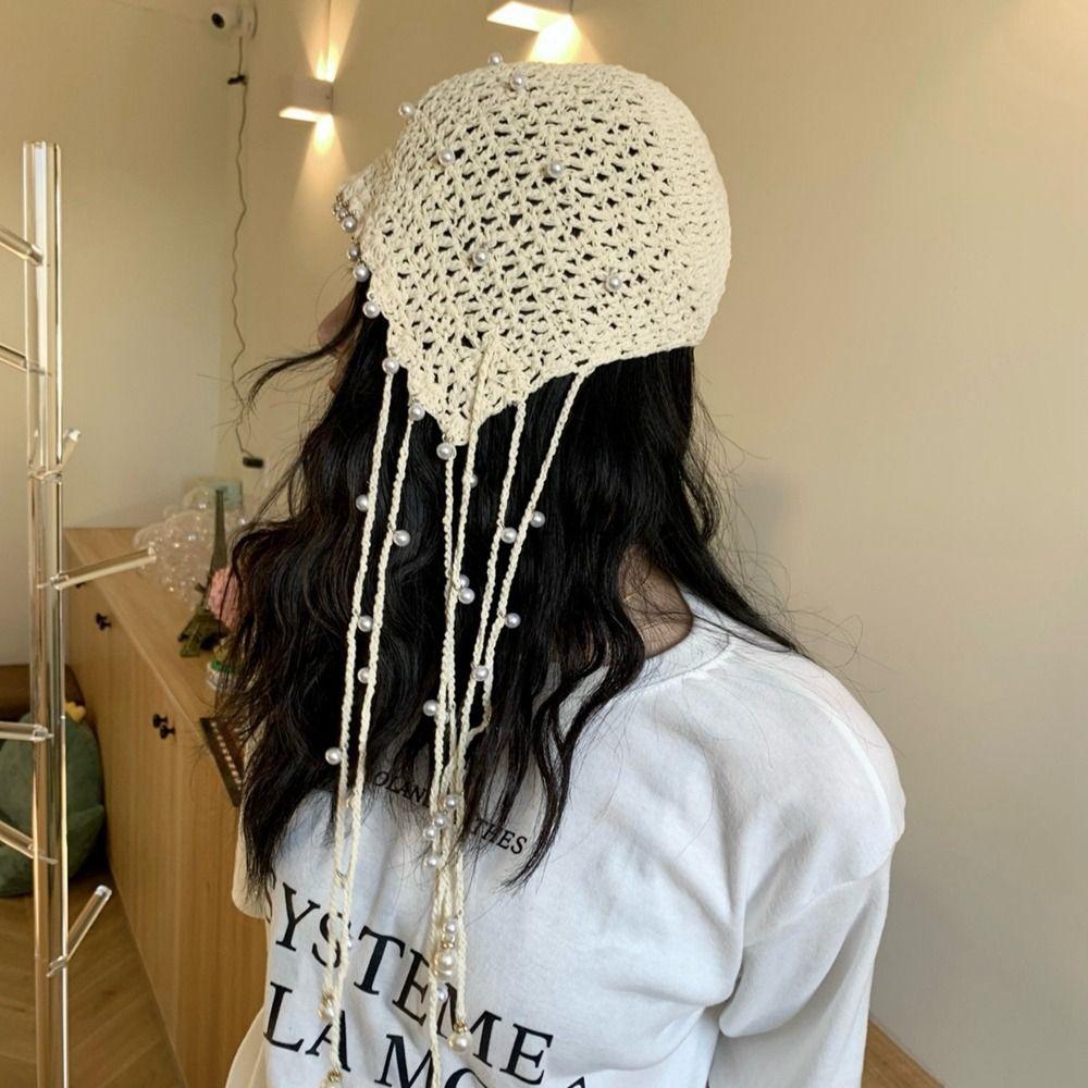 Hollow Out Knit Cap Beanies Ethnic Style Hat Fashion Hollow Pearl Tassels Knitted Hat Girls