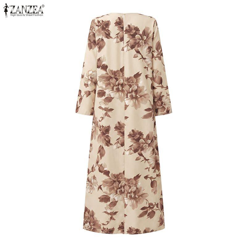 ZANZEA Women Casual Round Neck Floral Print Loose Long Sleeve Dress