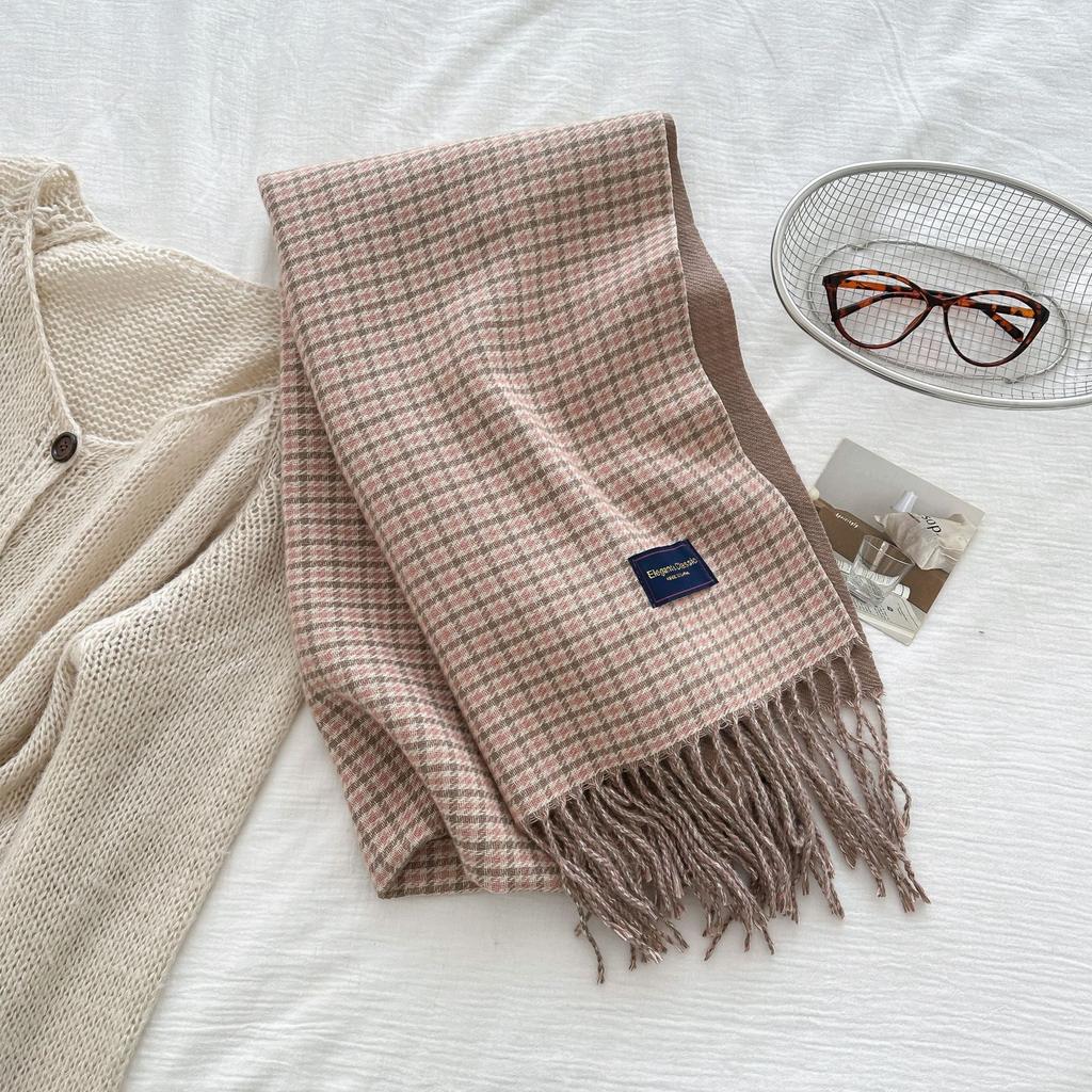 Women'S Imitation Cashmere Retro Houndstooth Knit Scarf Headscarf Casual Tassel Scarve Ladies Mujer Wrap Shawl Winter New Korean