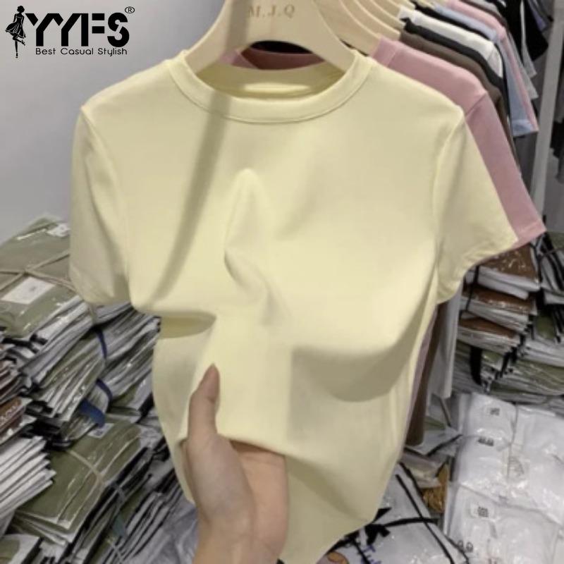 

Жіночі модні повсякденні літні весняні одноколірні блузки та сорочки з коротким рукавом і круглим вирізом із принтом YYFS M білий