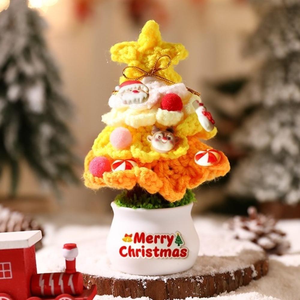 Mini Hand Woven Christmas Tree Crochet Tree Figurines Christmas Tree Decor Finished Tabletop Ornament Christmas Tree Potted