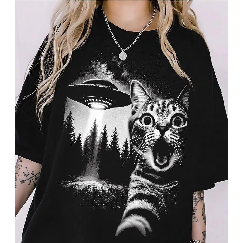 

Funny Cat Selfie UFO TShirt Unisex Cotton Comfort Allseason Casual Comfortable Base Layer Tshirt Unisex Pure Cotton Top S