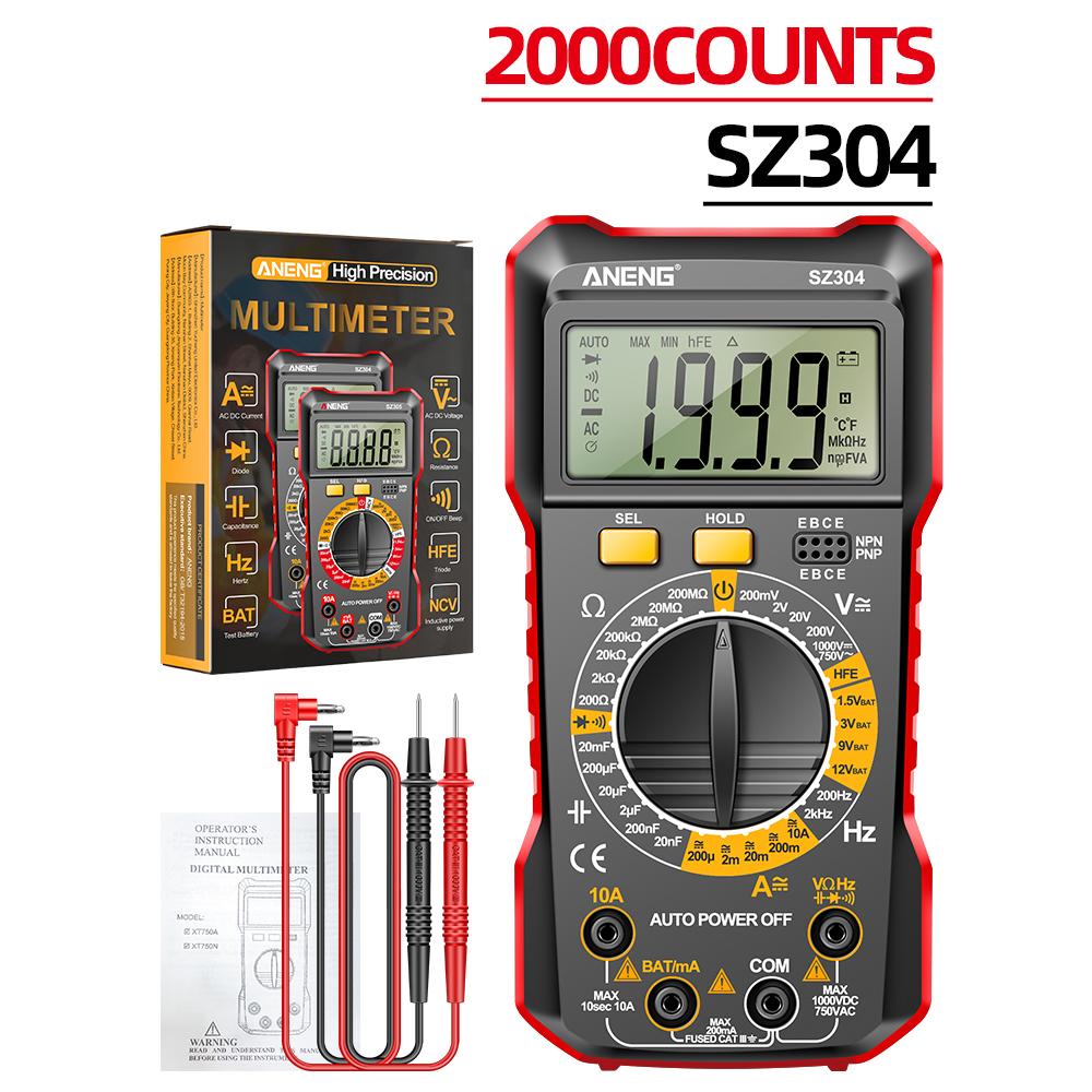 SZ304 SZ305 ANENG Digitalmultimeter Volt Ohm Ampere-Messgerät mit automatischer Bereichswahl für AC/DC-Stromspannungswiderstandsfrequenztester 2000