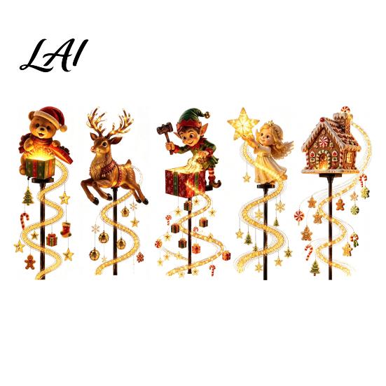 Weather Resistant Christmas Garden Strips Solar Outdoor Light Stake Light, Cute Gingerbread House/Elf Boy/Bear