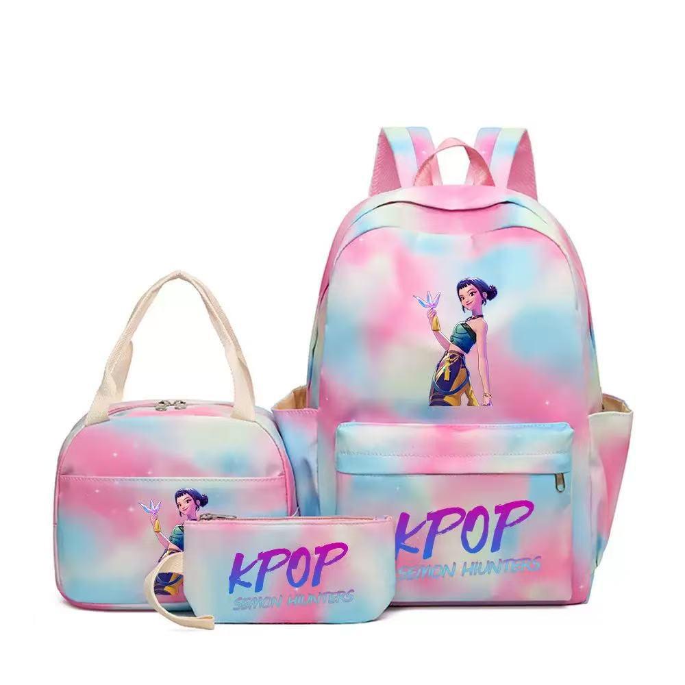 KPOP Dämonenjägerin Girlgroup Rucksack, Brotdose & Federmäppchen Set - Anime Schultasche & Bento Box Kombi