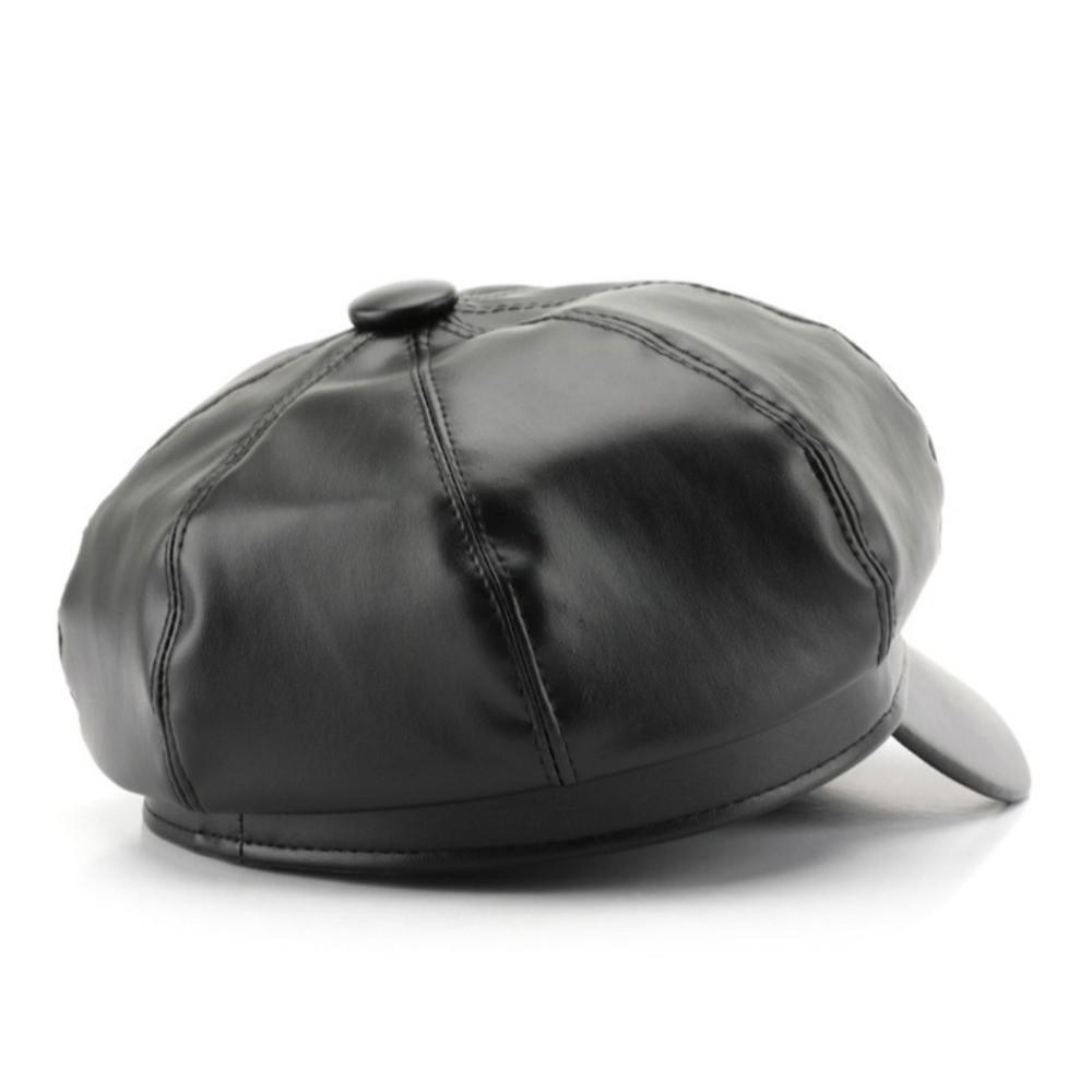 Solid Color Vintage PU Beret Cap British Black Octagonal hat JK Korean Leather Painter Hat  Casual