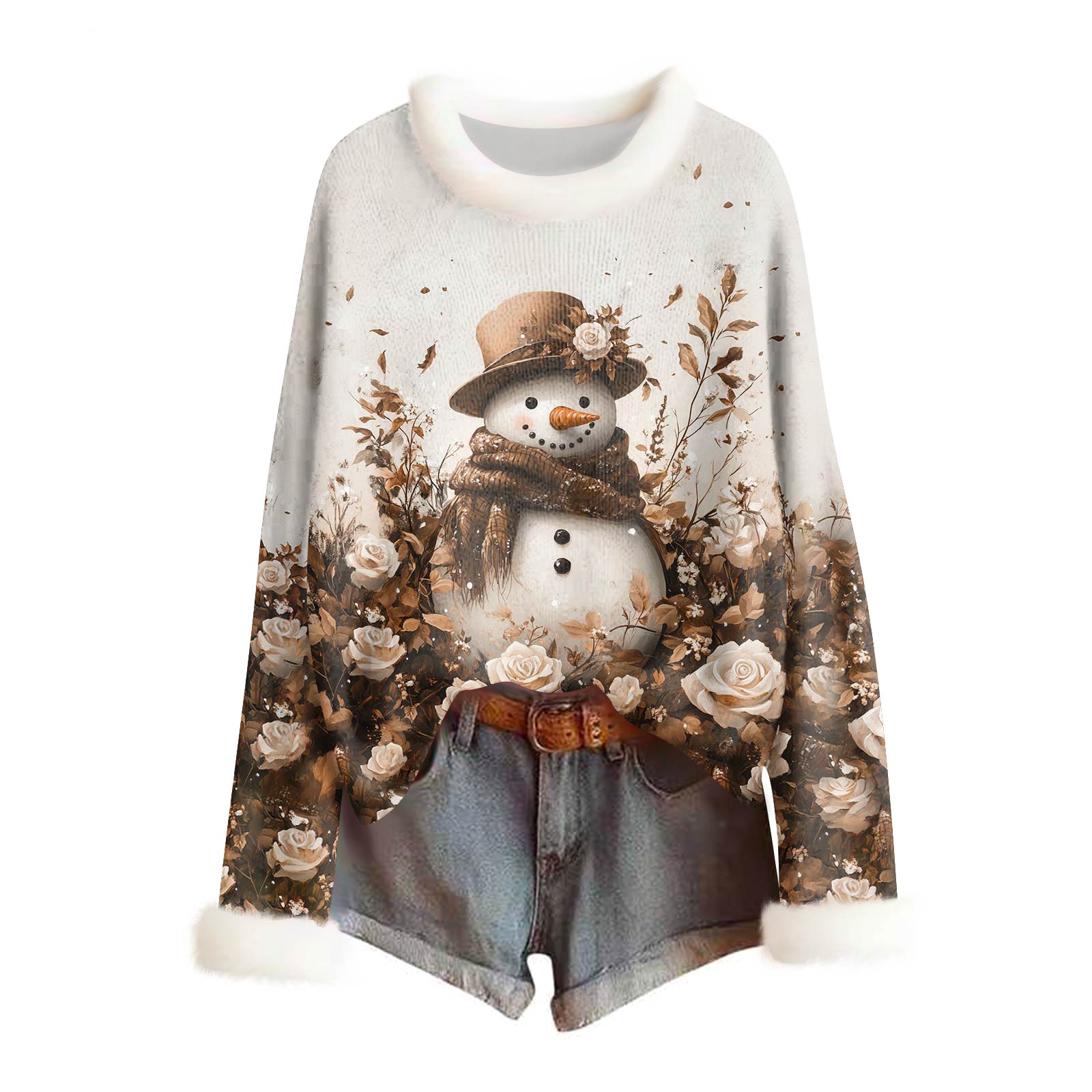 

Женский модный свитер с рождественским принтом и шерстяным воротником, повседневный вязаный пуловер с длинными рукавами M