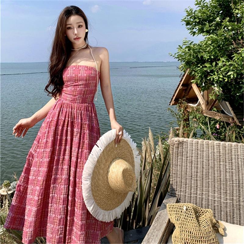 

French Temperament Rose Pink Plaid Sleeveless Sling Tube Top Dress Retro Waist Vacation Long Skirt Women s Summer S