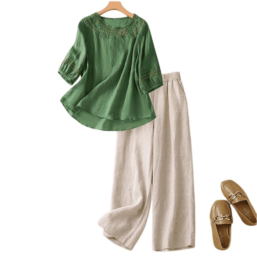 Stylish Two-piece Cotton-linen Set: Top, Vintage-inspired, Casual, And Wide-leg Pants.