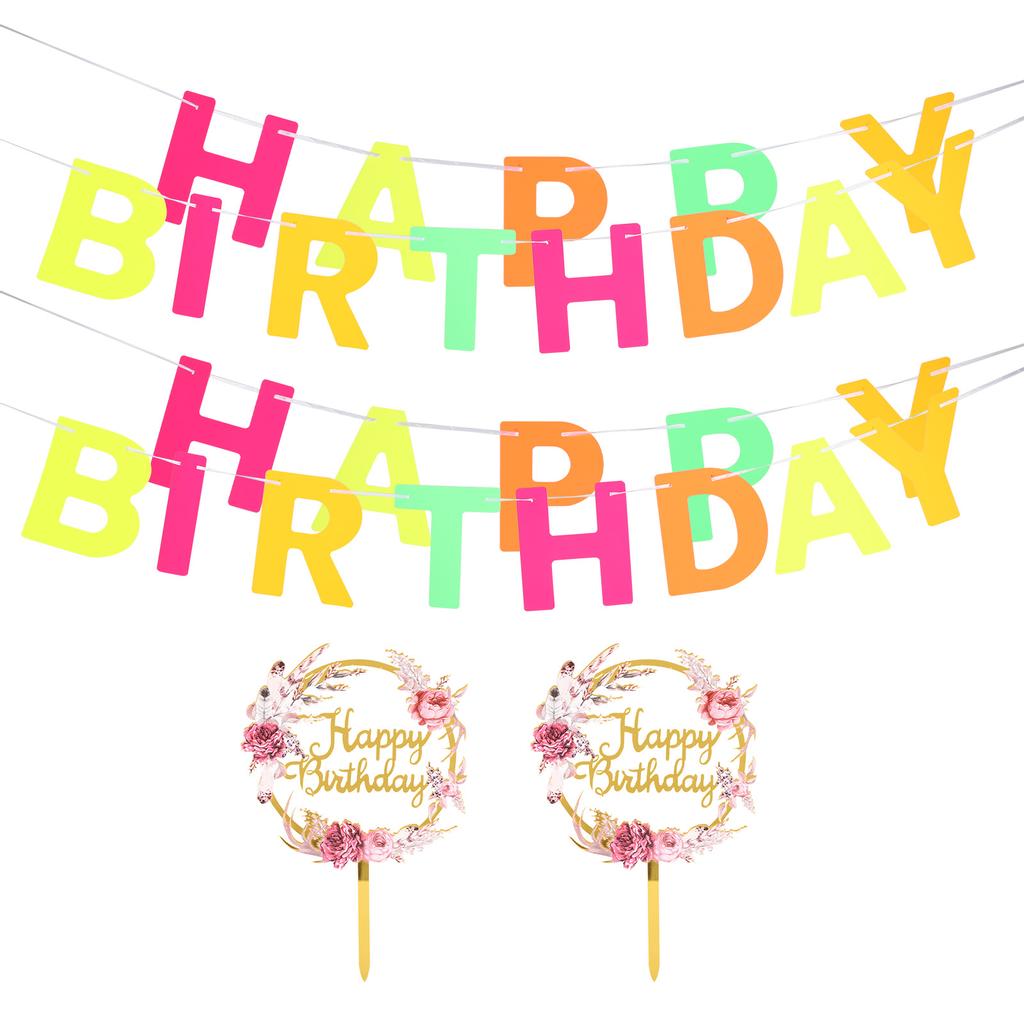 2 set födelsedagsbanderoll Dekoration Bokstavskort Blomma Akryl Tårtdekoration Festtillbehör