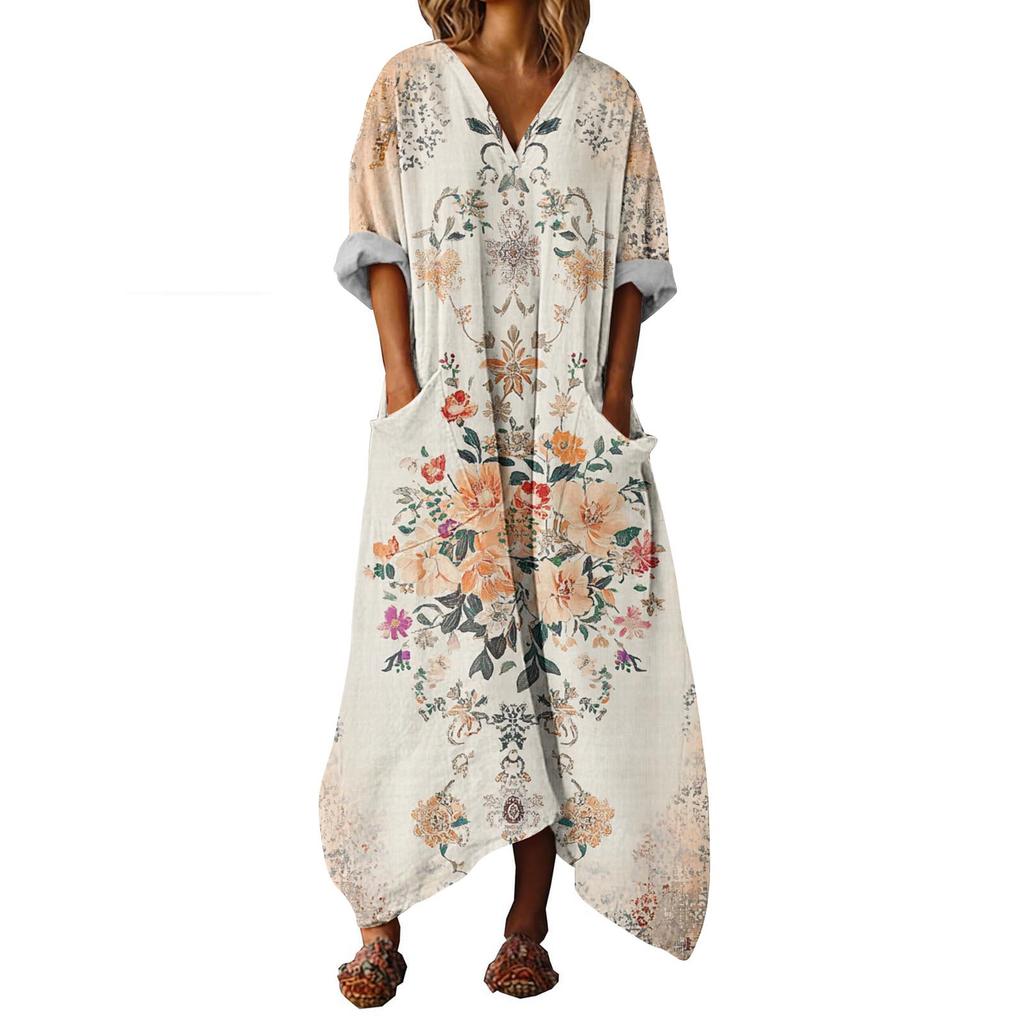 Luźna Sukienka Kaftan z Dekoltem V i Kwiatowym Wzorem z Kieszeniami Długi Rękaw Codzienna Sukienka Maxi dla Kobiet Wygodny Design