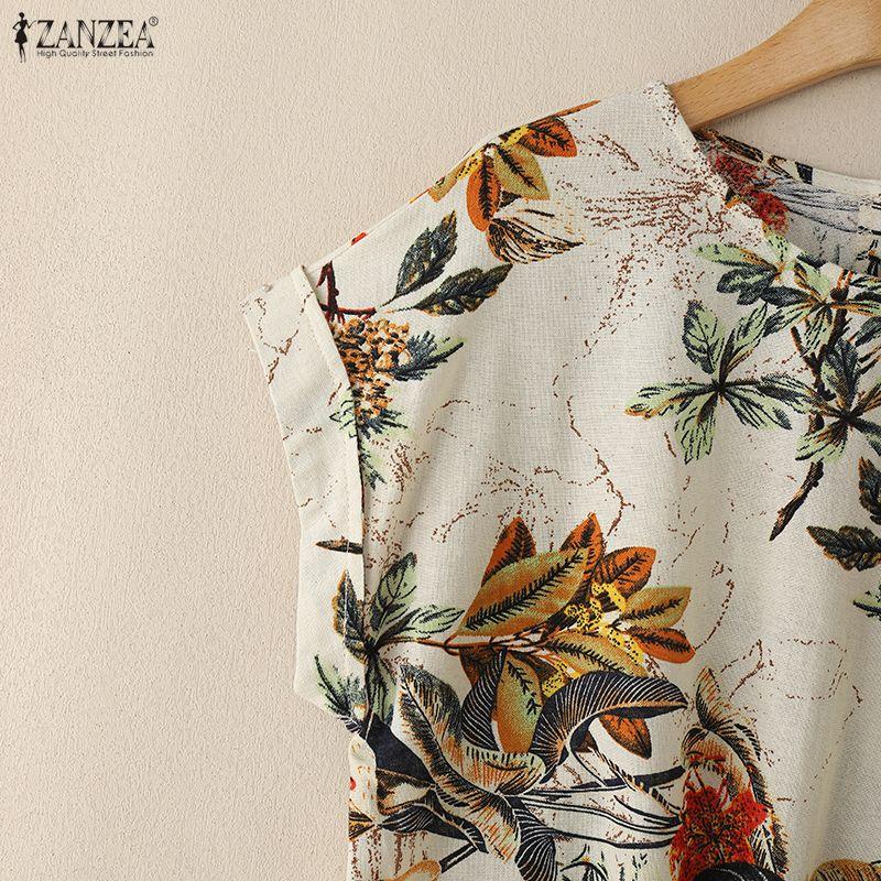 ZANZEA Women Casual Round Neck Summer Short Sleeve Print Cotton Blouse