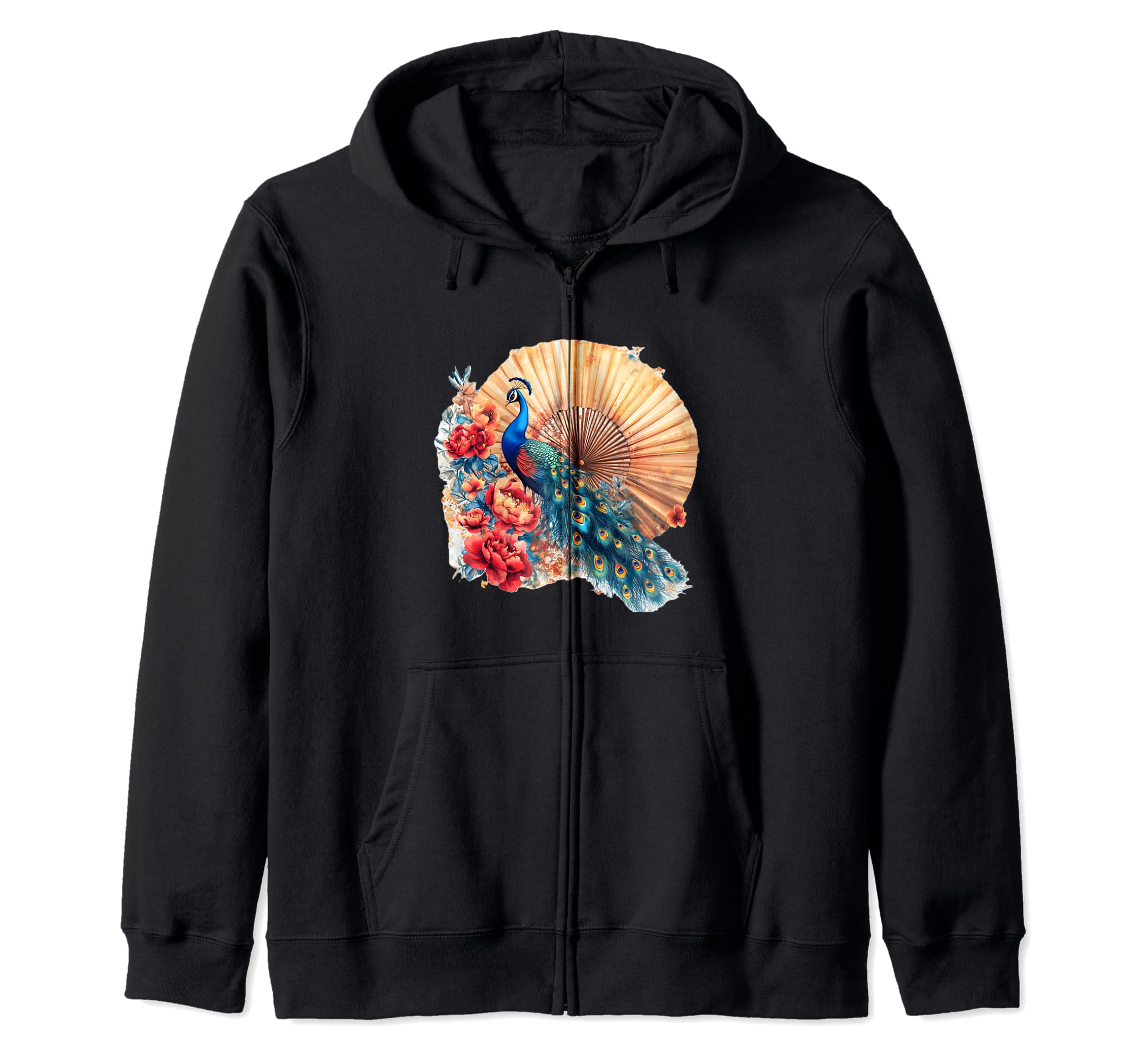 

Peacock Flower Chinese Japanese Oriental Fan Zip Hoodie чорний