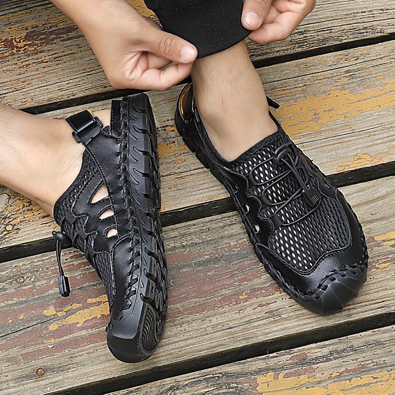 Mens Genuine Leather Sandals  Closed Toe Sandals Hand-stitched Summer Men Sandals Breathable Outdoor Men Beach Sandals