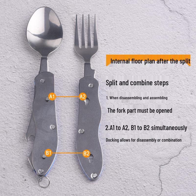 Multifunctional Folding Pocket Knife Set: 3-in-1 Detachable Knife, Fork, & Spoon