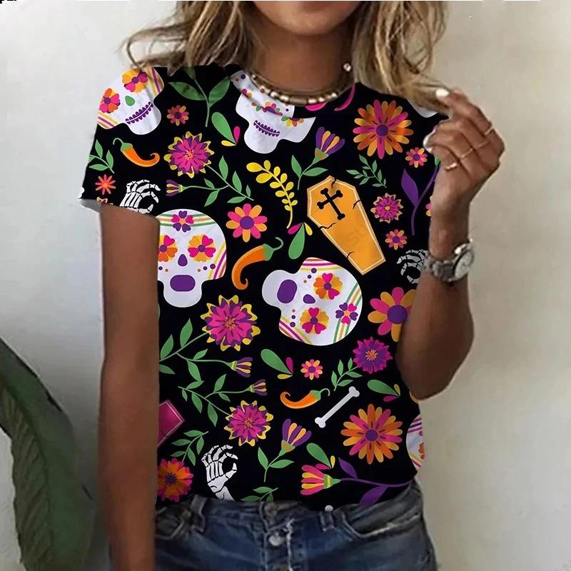 Summer Round Neck 3D Skull Pattern Printed Top Fashionable Casual Cute Short Sleeved Women's T-shirts