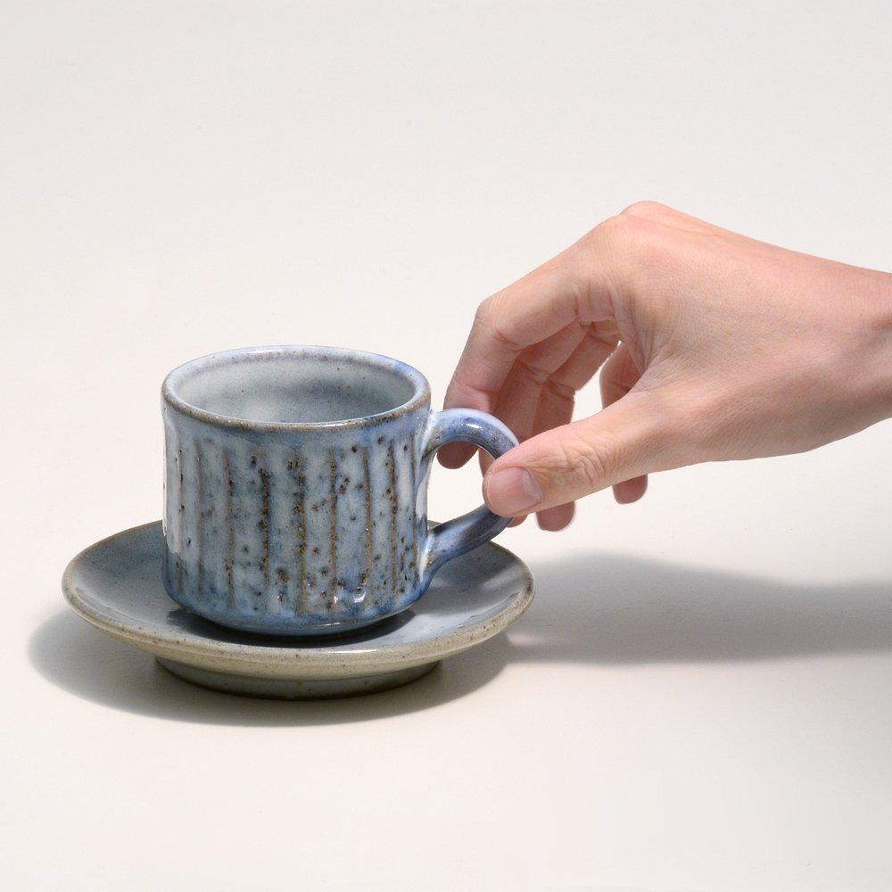 Marui Seito Shigaraki Ware Hechimon Blue Hagi Carving Coffee Cup and Saucer, Approx. 210ml Capacity, Ceramic, Made In Japan, MR-3-3282