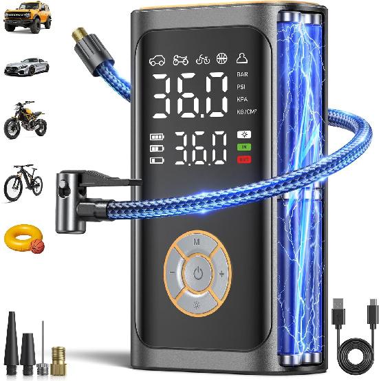 Tire Inflator Portable Air Compressor - 150 PSI Portable Air Pump for Car Tires, Cordless Electric Bike Tire Pump with Digital Pressure Gauge, LED