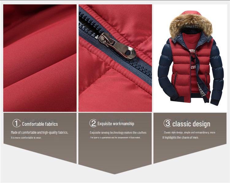 Cappotto da uomo con cappuccio e collo in pelliccia, caldo in cotone - Capispalla casual alla moda