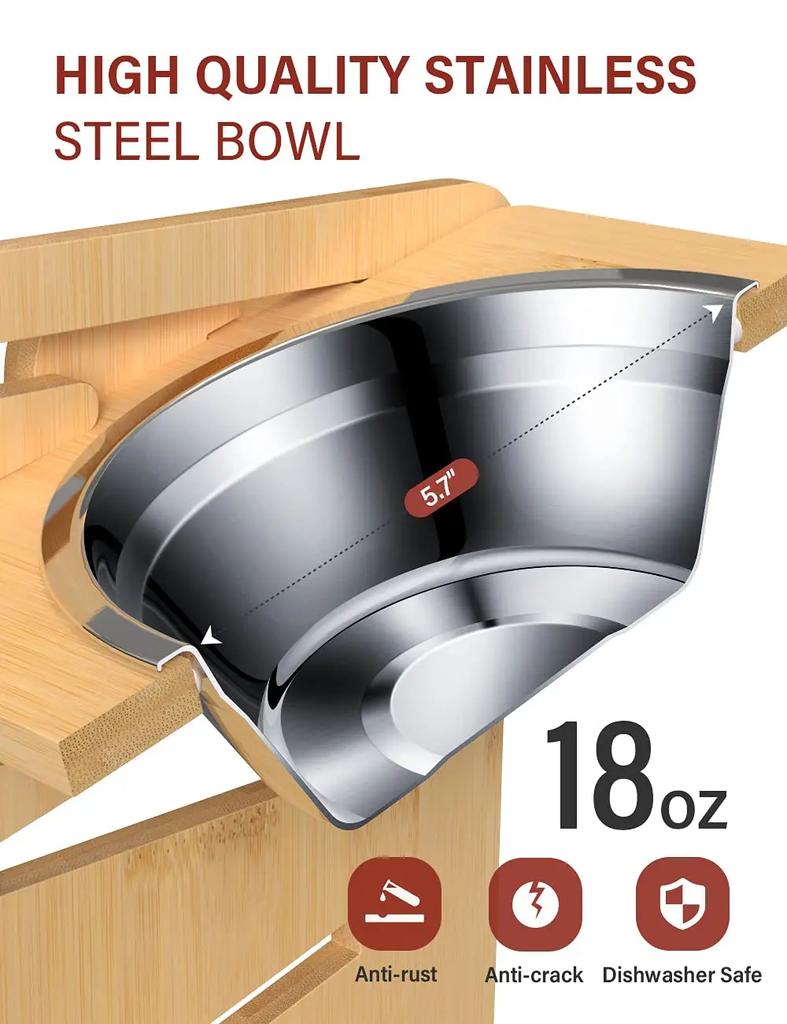 Nice Elevated Stainless Dog Bowls with Bamboo Stand Tilted Adjustable Raised Puppy Cat Food Water Bowls Holder Pet Feeder Accessories
