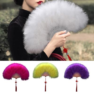 Champagne Fan with Tassels Pendant Luxurious Hollow Carved Gorgeous Thick Feather Elegant Handheld Fan