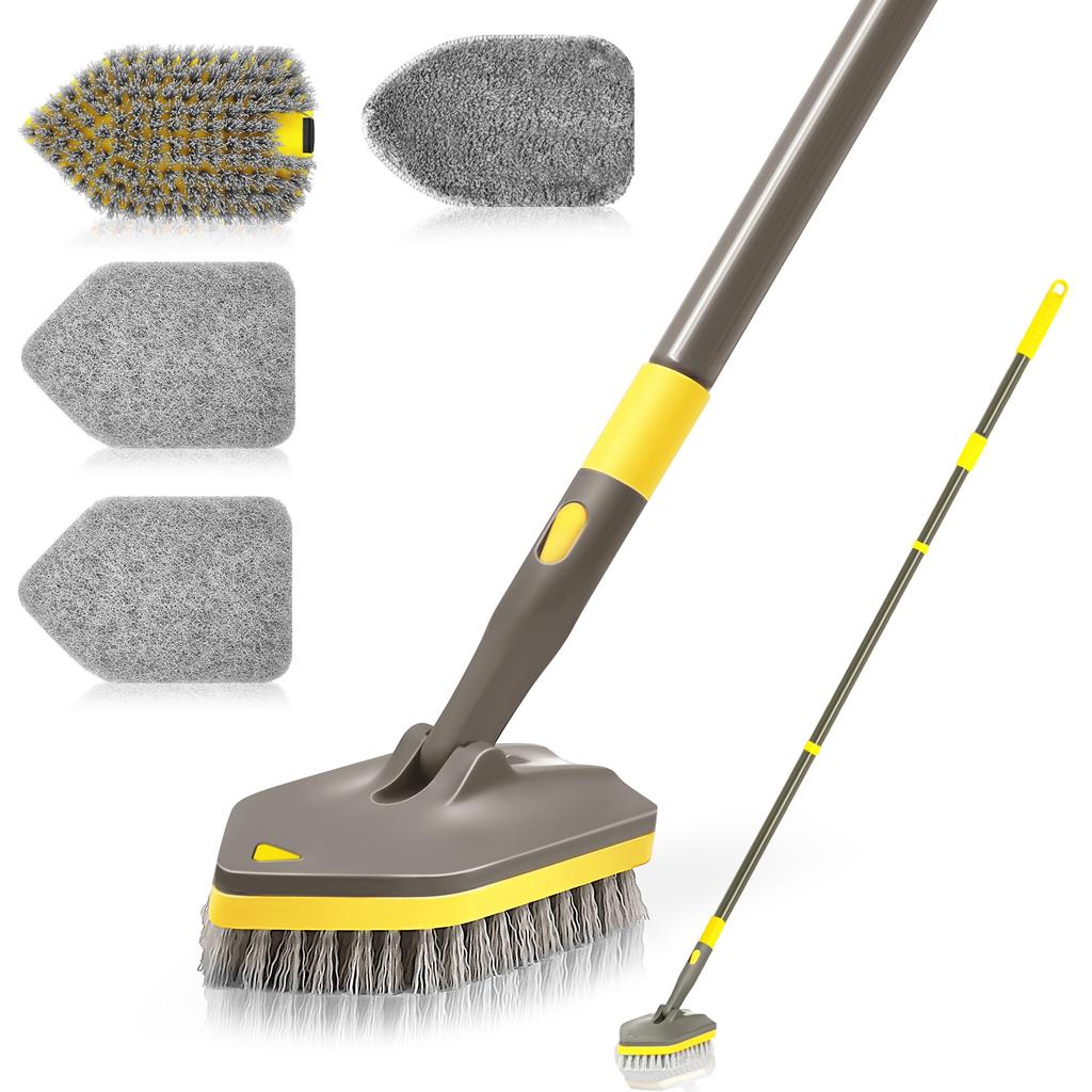 NEWE Čisticí kartáč na palubu do vany s teleskopickou dlouhou podlahovou koupelnovou kartáčem se 4 náhradními čisticími hlavicemi pro vany a toalety, rukojeť, 142 cm,