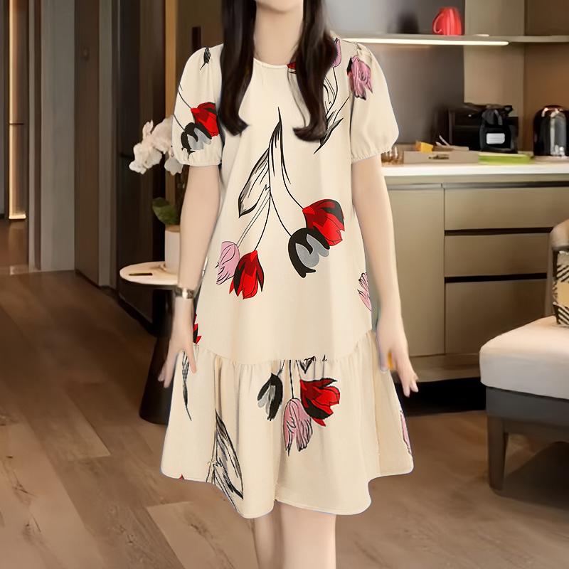 

ZANZEA Женское повседневное платье с круглым вырезом и коротким рукавом с принтом XL абрикосовый