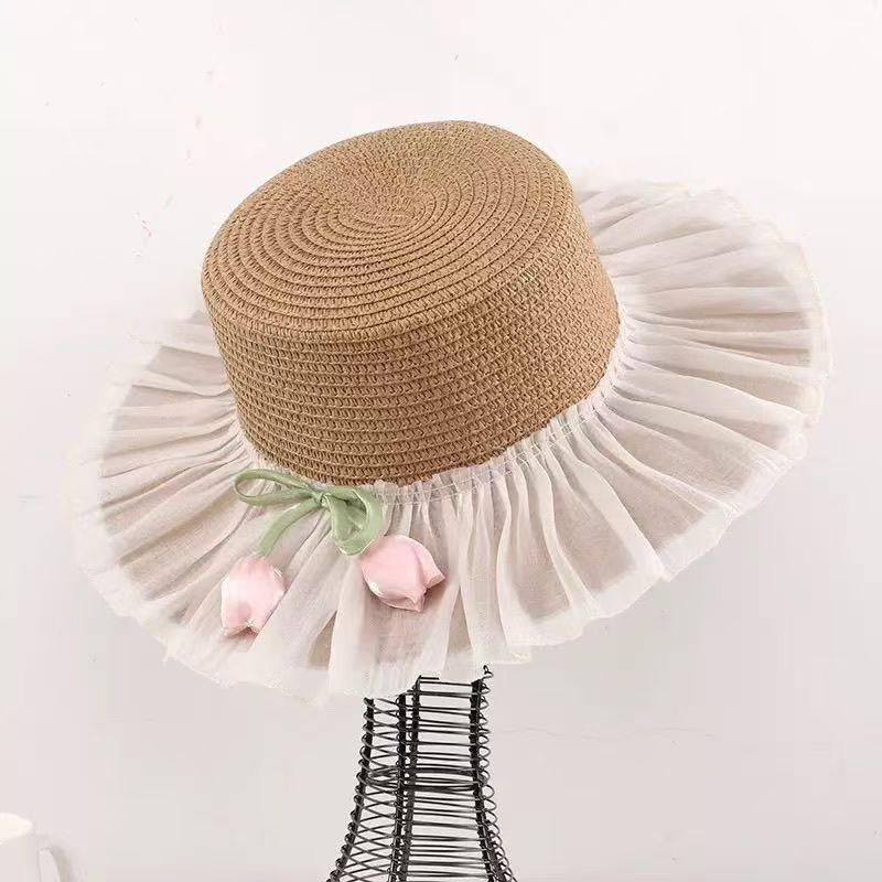 

French-Style Lace Bow Straw Hat For Women Summer Wide Brim Sun Protection Hat Beach Vacation Sun Hat B
