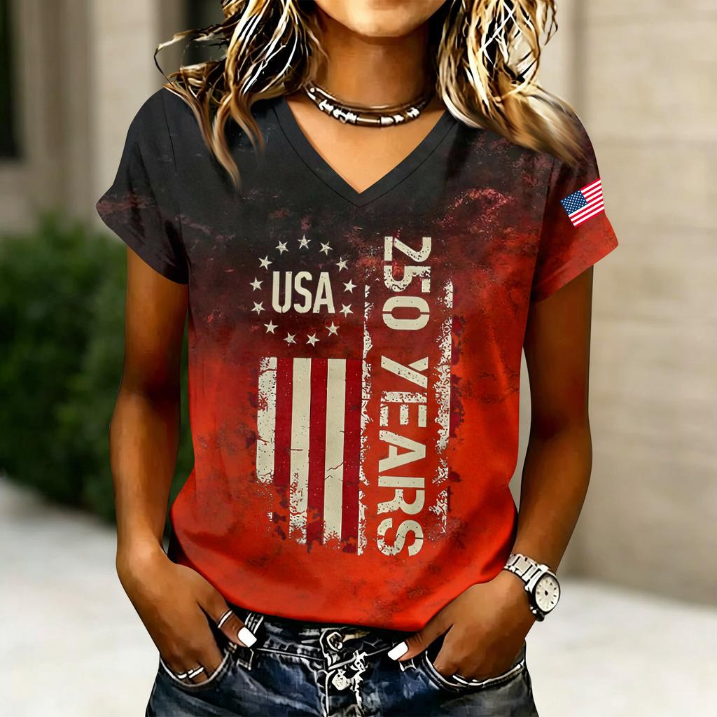 Women’s V Neck Short Sleeve Casual Letter Print T Shirt Top with USA 250 Years Graphic for Everyday Wear