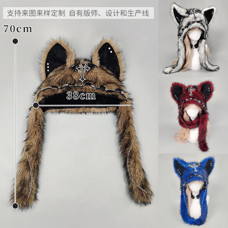 Goth Handwork Medieval Cross Fluffy Hat Woman Punk Wolf Cat Ears Plush Headgear Gothic Darkness Cosplay Props Windproof Gorros