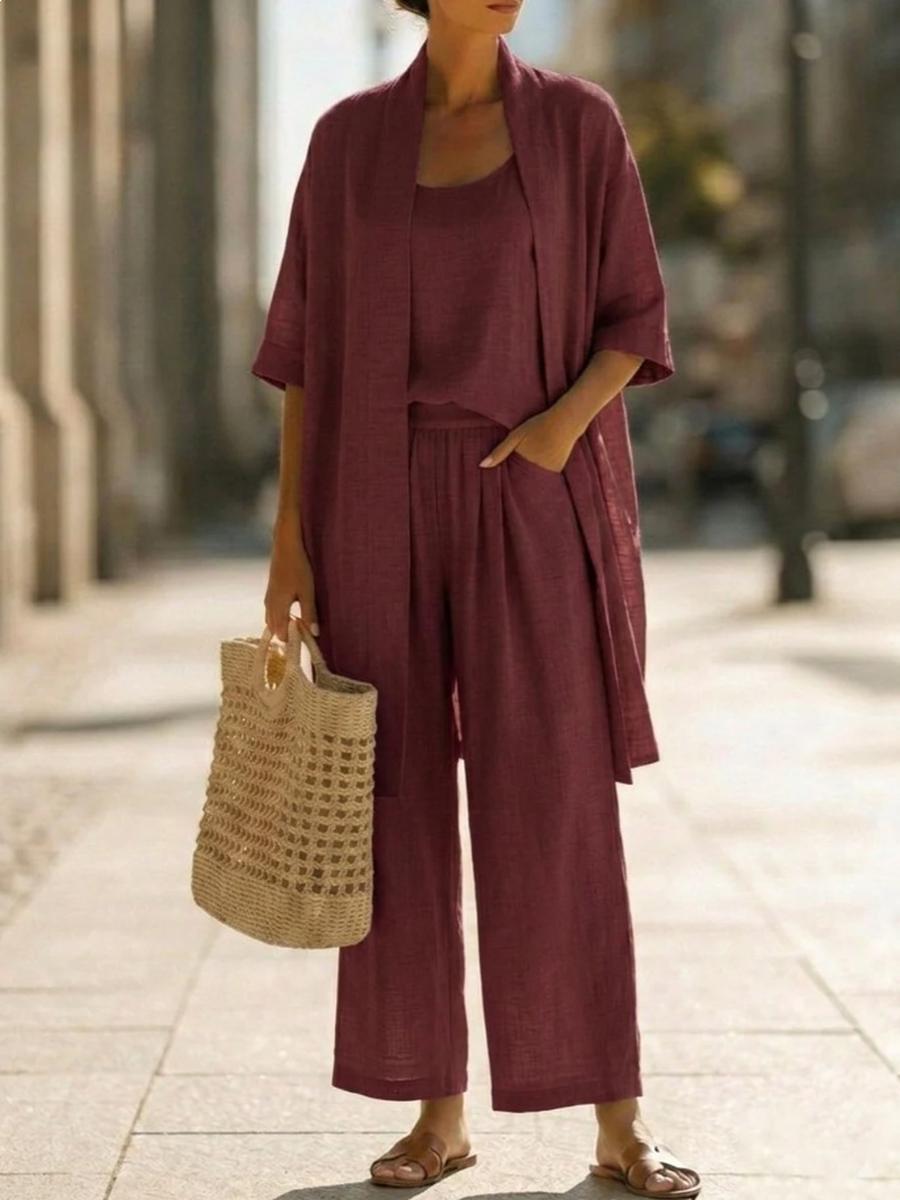 

Summer New Straight Cut Solid Color Travel Vacation Comfortable Leisure Temperament Three-Piece Set Outfit XXL кардинал