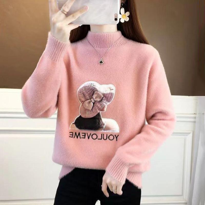 Zlatý norkový svetr s polovysokým výstřihem pro ženy Volný svetr s dlouhým rukávem Pletené oblečení Podzimní a zimní svetr Dámský