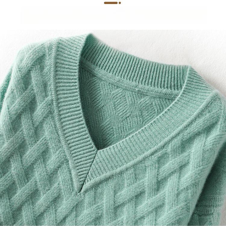 V-neck Sweater Women's Autumn and Winter Sweater Long-sleeved Pullover Loose Solid Color Jacquard Knitted Sweater Top