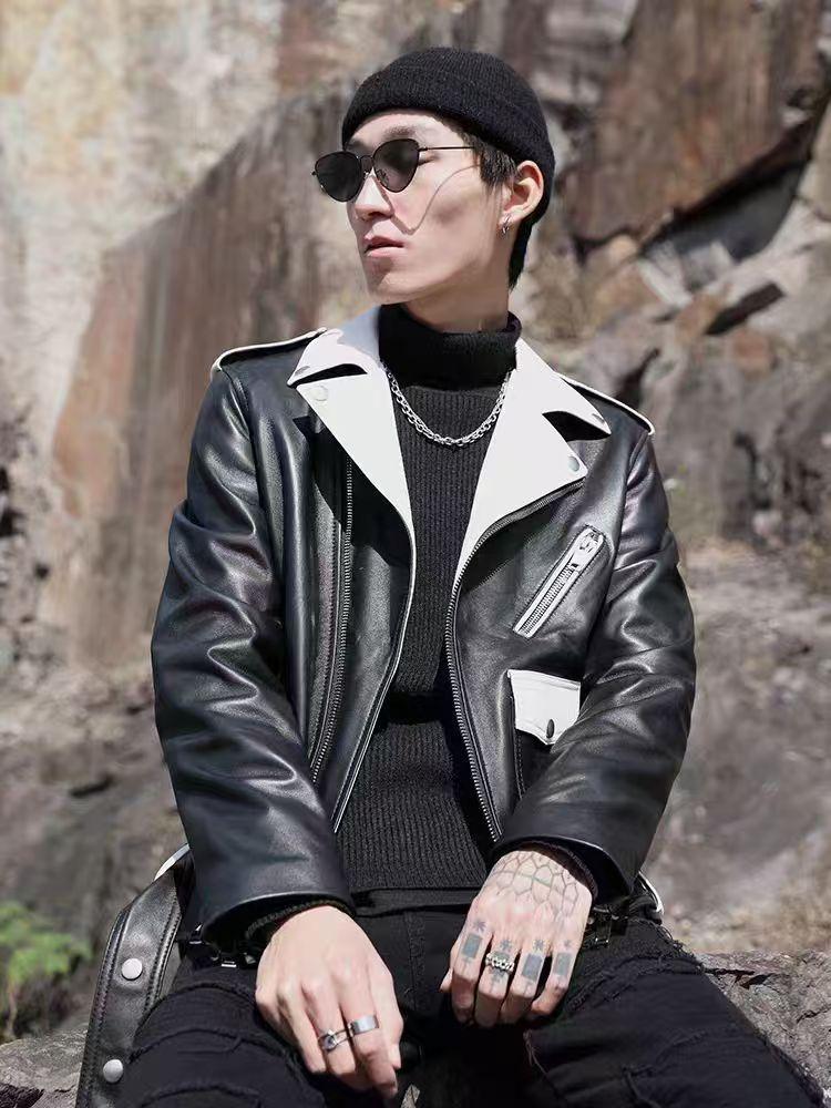 Men's leather jacket new men's PU locomotive jacket jacket color matching fashion leather jacket men's leather jacket