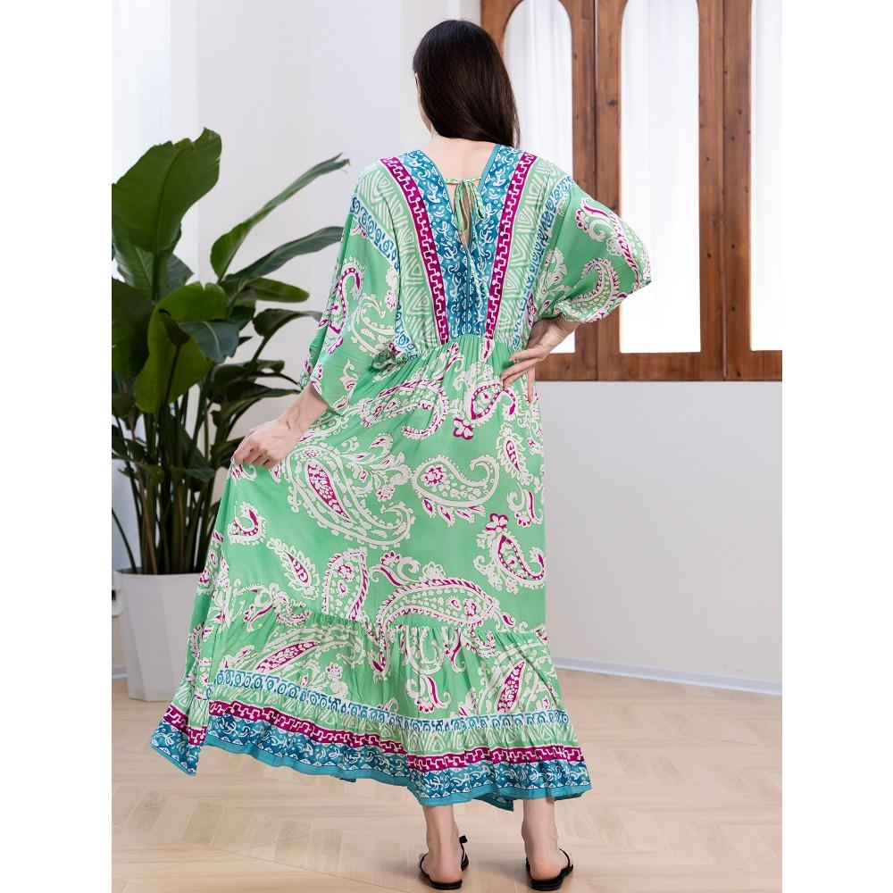 Plus Size Boho Kaftan Dress, Women's Plus Maxi Cover Up Dress