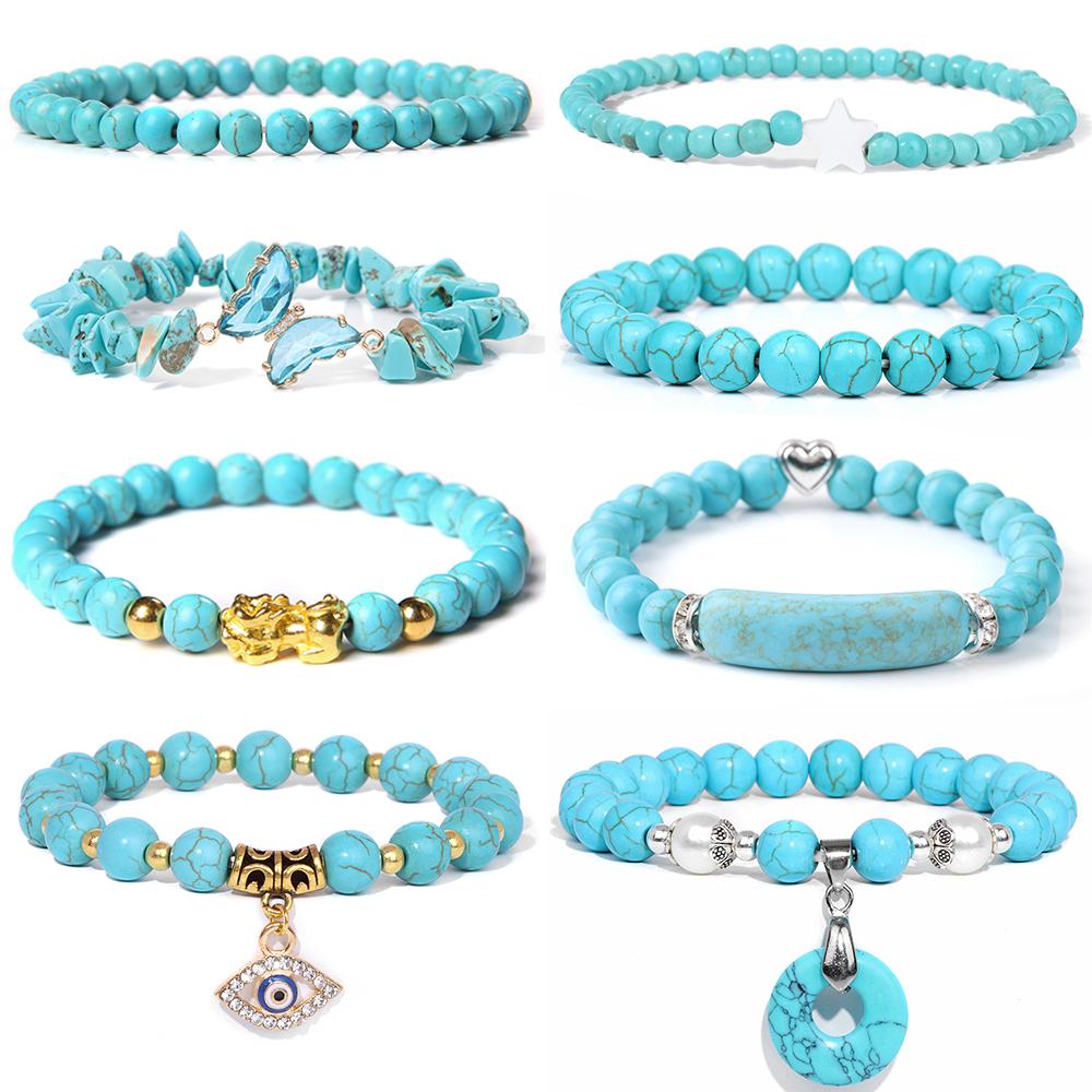 New Blue Turquoises Stone Bracelet Fashion Bohemian Green Blue Turquois Charm Bangle Handmade Healing Energy Jewelry Gift