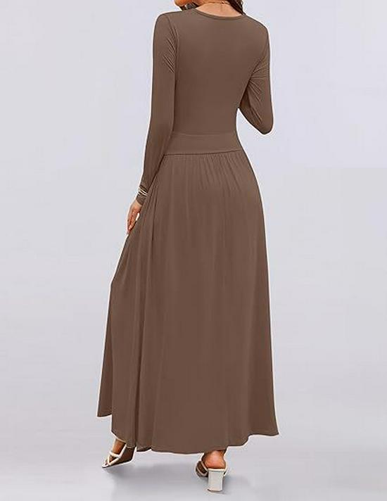 2025 Cross-border Women's Round Neck Pleated Pocket Slim Fit Long Sleeve Knit Dress