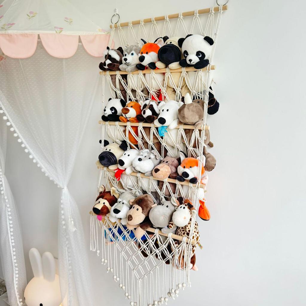 Hanging Storage Net for Plush Toy Decorative Wood and Cotton Hanging Organiser Storage Holder Rack for Kids' Toy